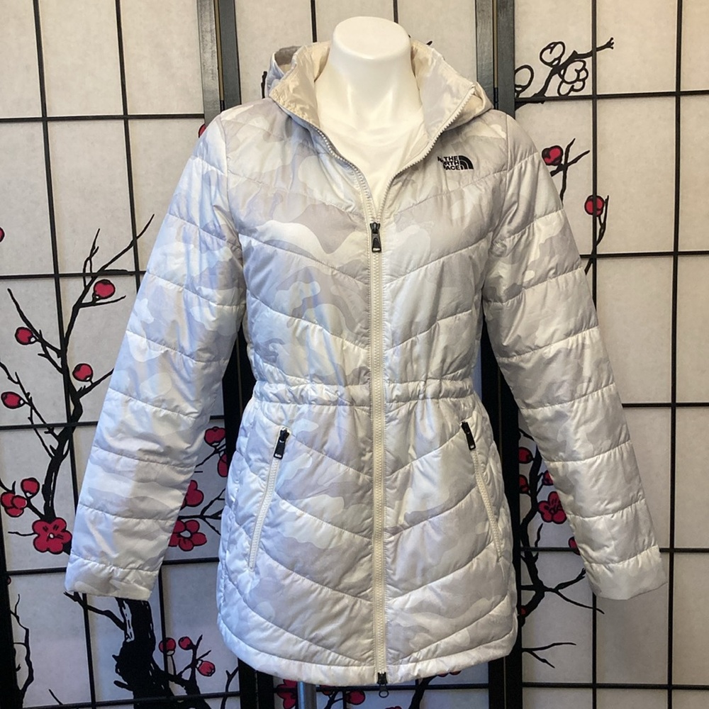 🐬 North Face Down Puffer Gray White Camouflage Hooded Jacket